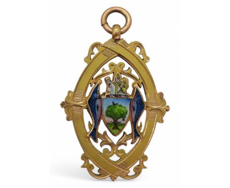 A 9ct gold and enamel medallion with the Glasgow Coat Of Arms, presented for G.J.F.A. Challenge Cup Runners Up Strathclyde F.