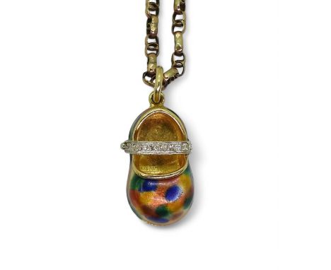 An 18ct gold enamel and diamond set babies shoe pendant, weight 7gms, on a vintage 9ct gold fancy 48cm chain weight 6.9gms (s
