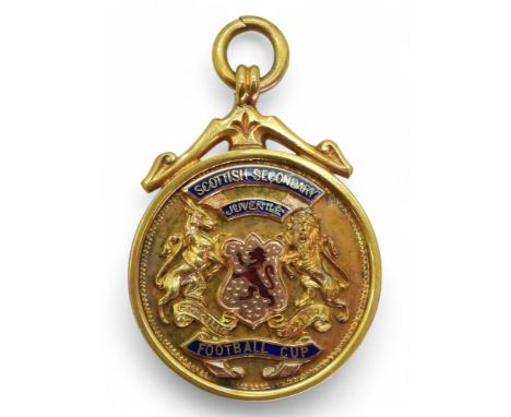 A 9ct gold and enamel Scottish Secondary Juvenile Football cup, won by Linwood Thistle 1925, presented to J. McArthur. Weight
