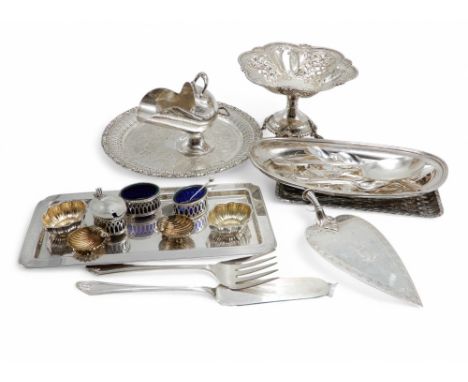 A silver cake trowel (af), Sheffield 1867, initialled and engraved, a collection of silver plate including a tazza with latti