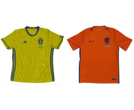 A pair of Sweden vs. Netherlands 6th September 2016 World Cup Qualifiers First Round shirts; the Swedish example by Adidas, s