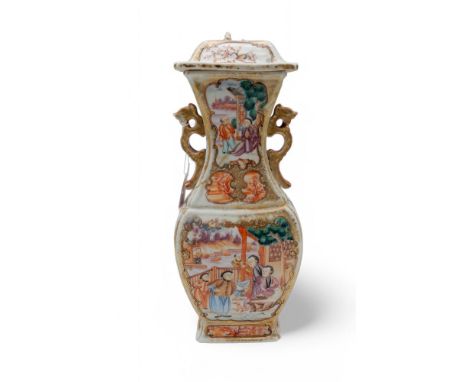 A Chinese famille rose rectangular-section baluster vase and cover (af), decorated with figures amongst pavilions, 18th centu