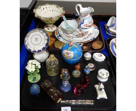 A Sevres style turquoise pot and cover with flower finial, a tortoiseshell picque box, a Funi wren figure, snuff boxes, trink