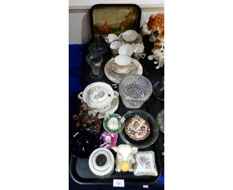 A Wedgwood imari cup and saucer, a Pearlware cannister, a 19th century part tea and coffee set, a papier mache tray painted w