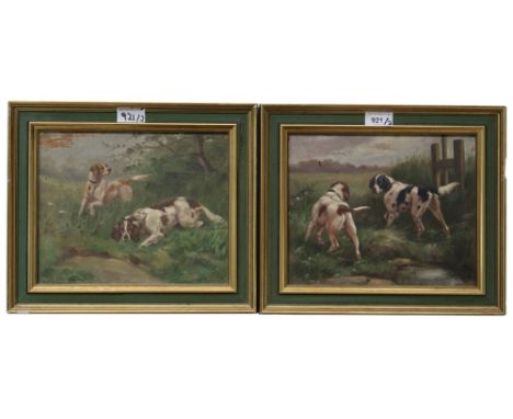19th CENTURY SCHOOL &nbsp;HUNTING DOGS &nbsp;Oil on board, 20 x 26cm, signed lower left 'de Alberti'  &nbsp;Together with a s