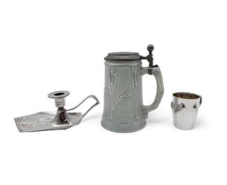 A WMF silver plated chamber stick, pattern number 325, together with a WMF ceramic stein and a small plated cup Condition Rep