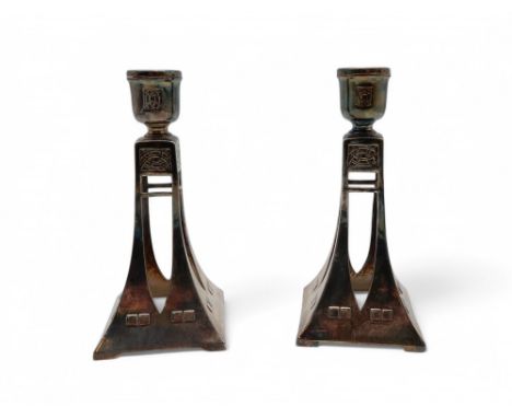 A pair of WMF candlesticks with stylised Celtic knotwork decoration Condition Report:Available upon request