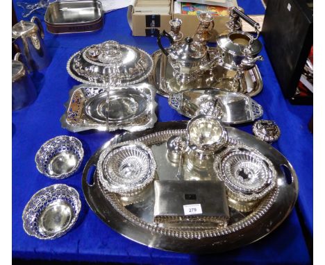 A collection of EPNS including trays, dishes, entree dishes, swing-handled baskets, a candelabra, spirit kettle, table lighte