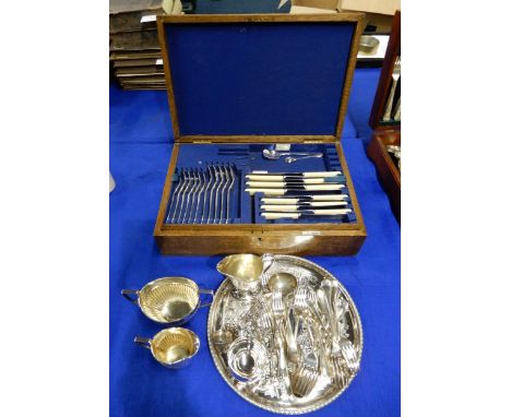 A two drawer canteen of stainless steel ivorine handled cutlery, by Walker &amp; Hall (incomplete), a part tea service, a hel