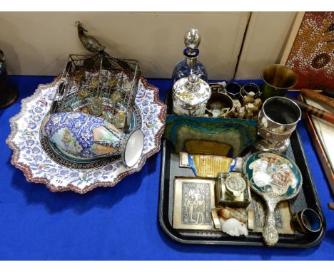A Persian Minikari vase and plate, a jewelled peacock letter tray, a enamelled panel, an Egyptian themed inkwell and desk sta