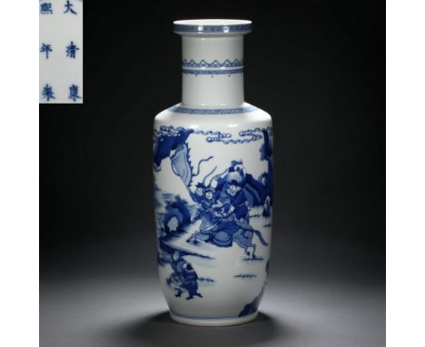 Kangxi inscription blue and white porcelain figure ornamental vase   H49cm           W18.3cm