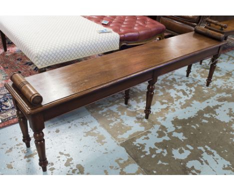 HALL BENCH, 19th century mahogany with bolster handles and six turned supports, 178cm W x 34cm D x 51cm H.  