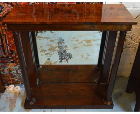 CONSOLE TABLE, Regency rosewood with distressed mirror back, pillars and undertier, 81cm H x 78cm W x 30cm D.