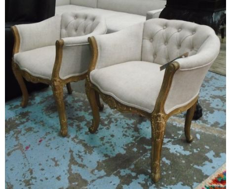 BEDROOM CHAIRS, a pair, button back neutral fabric on ornate frame, 62cm W. (2)