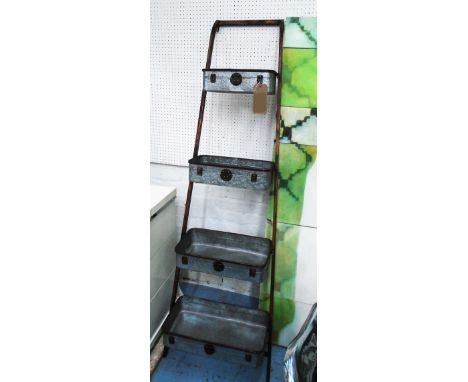 PLANTER/WALL SHELVES, graduated zinc shelves, 180cm H x 58cm W.
