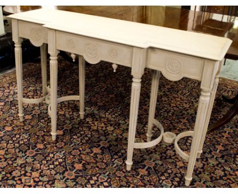 CONSOLE TABLE, French Louis XVI style grey painted breakfront with stretchered fluted supports, 84cm H x 137cm W x 41cm D.