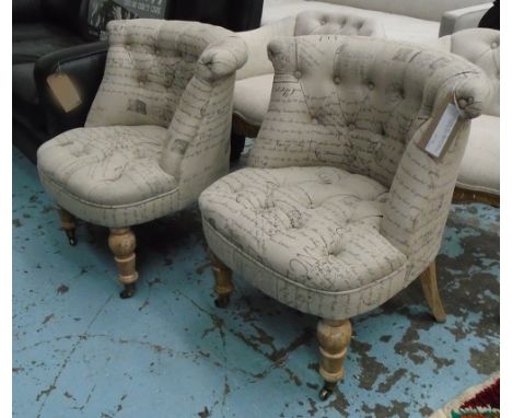 BEDROOM CHAIRS, a pair, button back in neutral fabric with script pattern on turned castor supports, 59cm W. (2)