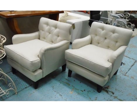 ARMCHAIRS, a pair, Howard style in button back cream fabric on square supports, 68cm W. (2)