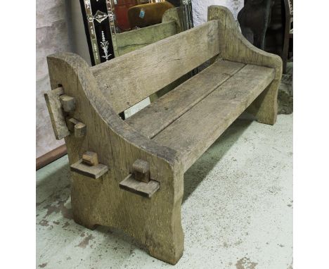 GARDEN BENCH, vintage weathered oak of pegged construction with three planks back and slab ends, 165cm W.