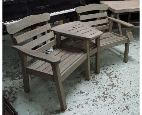 GARDEN BENCH, weathered teak comprising two armchairs and joined table, 160cm W.