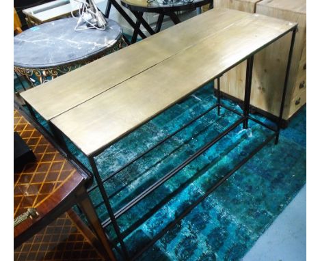 CONSOLE TABLES, a pair, in bronzed metal finish on square metal supports, 119cm x 25cm x 81cm H. (2)