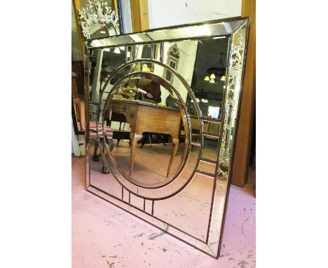 WALL MIRROR, Art Deco style square with a circular bevelled centre and shaped sectional plates, 110.5cm square.