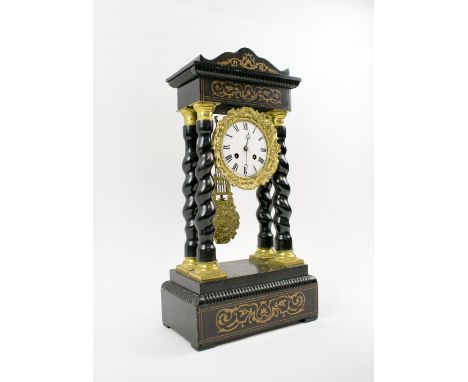 PORTICO CLOCK, 19th century with decorative ebonised case, barley twist columns, bell striking movement, decorative pendulum,