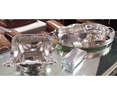 SILVER PLATED WARES, an oval Georgian design pierced handled serving tray together with a dish (Mappin & Webb), a bread baske