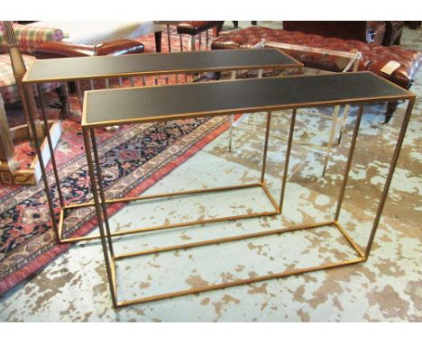 CONSOLE TABLES, a pair, gilt metal framed with rectangular slate effect tops, 99.5cm L x 70.5cm H x 25cm D. (2)