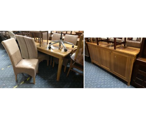 LIGHT OAK DINING TABLE, SIX CHAIRS &amp; SIDEBOARD