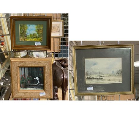 MINATURE OIL ON BOARD ''DAFFODILS TRENT PARK'' BY EVELYN PITTS.  WATERCOLOUR BY ''BUTTON'' &amp; CAT WITH FLOWERS SIGNED ''CH