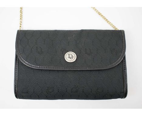CHRISTIAN DIOR CLUTCH/CROSSBODY/SHOULDER BAG, black monogrammed canvas with leather trims, pale gold adjustable chain, logo a