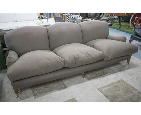 SOFA, George Sherlock style in faded brown fabric with three seat cushions, 246cm W. (with faults)