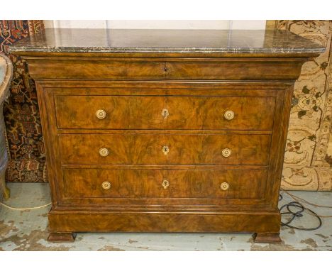 COMMODE, 19th century French Louis Philippe figured walnut with marble top above four long drawers, 126cm W x 52cm D x 97cm H