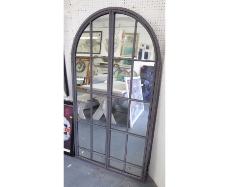 GARDEN MIRROR, gated with domed top in a grey painted metal frame, 170cm x 90cm. 