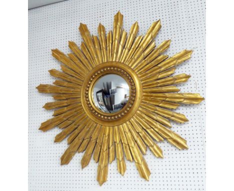 CONVEX MIRROR, with sunburst design, carved wood frame, 98cm H.