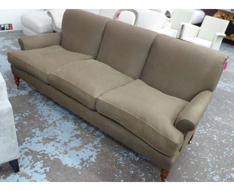 BEAUMONT & FLETCHER SOFA, three seater, in brown fabric on turned castor supports with scuff marks, 217cm L.