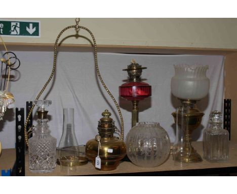 Victorian brass column oil lamp with ruby reservoir and etched shade, hanging brass oil lamp, converted brass lamp, silver co
