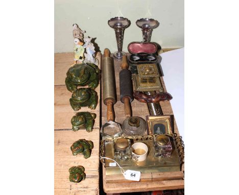Two vintage chemists rollers, inkwells, opera glasses, frog and other ornaments, etc.