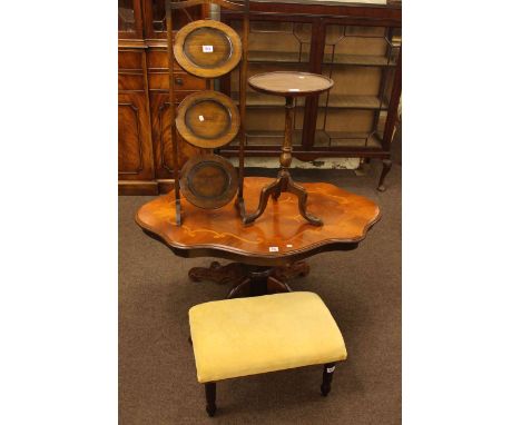 Italian style shaped top coffee table, two tier folding cakestand, tripod wine table and adjustable footstool (4).