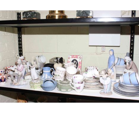 Three Nao and other similar figures, assorted teaware, three pieces of Wedgwood Jasperware, etc.