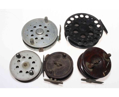 Five vintage fishing reels including Alcocks Aerialite.