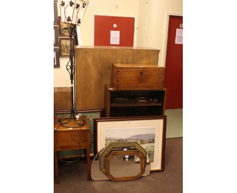 Oak sewing table, wrought metal lamp, firescreen, open bookcase, Victorian box, barometer, three wall mirrors and print (10).