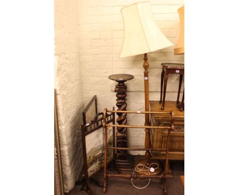 Victorian mahogany turned leg bidet, Victorian towel stand, two firescreens, plant stand, standard lamp, table lamp and two o