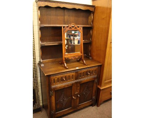 Oak shelf back dresser, mahogany toilet mirror, drop leaf trolley and brass topped table (4).