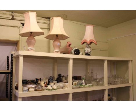 Two pairs of table lamps and shades, full shelf of glassware including 19th Century decanter, assorted china, commemorative c