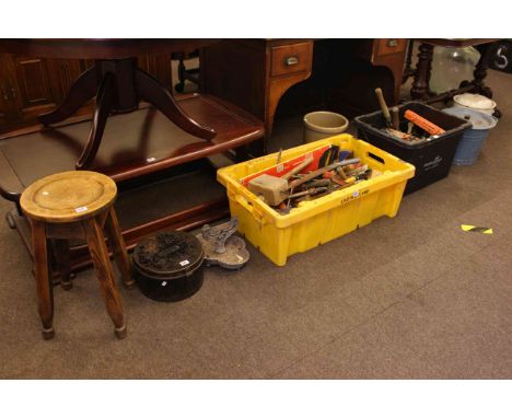 Two boxes of tools, stool, foot-scraper, vintage enamel wares, etc.