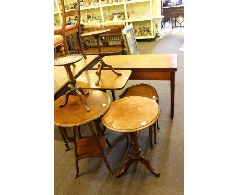 Victorian mahogany fold top tea table, two Victorian tripod occasional table, circular mahogany occasional table, walnut nest