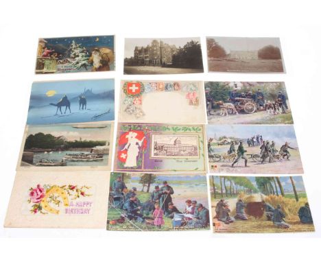 Box of postcards including Ye Wells Hotel Llandrindod Wells, Rochdale Hall RP, Belgium RP military, Zeppelin interest, Santa 
