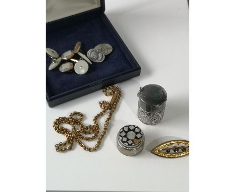 A Yellow metal &amp; three amethyst brooch, gilt metal necklace, cufflinks, silver snuff box pendant and silver snuff box. 
